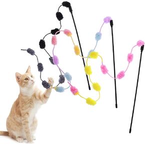 Cat String Toys, 3 Pack Interactive Cat Teaser Wand String Toys Colorful Ribbon with Furry Plush Balls for Kittens Stick Cat Toys for Indoor, Cats to Play Chase Exercise