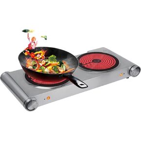 طبق ساخن من دافيفي للطهي موقد كهربائي محمول، شعلات مزدوجة من السيراميك بالأشعة تحت الحمراء، قاعدة من الفولاذ المقاوم للصدأ، شعلتان لجميع أواني الطبخ للمنزل (فضي، 900 وات + 900 وات) (موقد مزدوج) in Kuwait