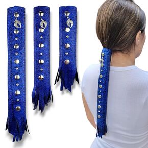 COBALT BLUE Glitter 6" inch Leather Hair Wrap | Motorcycle Helmet Ponytail Sleeve Hair Protector & Frizz Saver | Lady Rider Biker Gear Hair Tie Accessory w/Fringe Crystals Made in USA (6 inch)