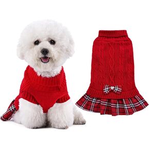 YUDODO Dog Sweater Dress for Small Dogs Girl with Bowtie Winter Warm Dog Turtleneck Sweater with Leash Hole Soft Puppy Knitwear Clothes Cute Doggie Dresses for Yorkie Chihuahua (Grey-Pink, M)