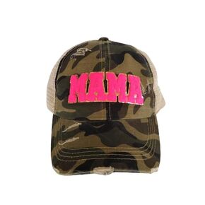 Women's Baseball Hat - Mama Chenille Patch Hat for Women (Green Camo with Hot Pink Mama Patch)