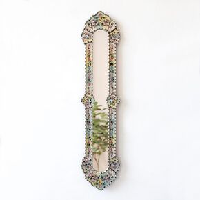 Peruvian Long Narrow mirror 35.4" tall - Painting on glass skinny Mirror for wall home decor - Gold leaf wood framed Narrow Mirror for living room (Gold Frame)
