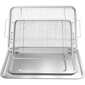Air Fryer Basket and Tray for Oven, Stainless Steel Air Fryer Basket and Tray Set, Air Fryer Pan Wire Rack Roasting Basket for Fries/Bacon/Chicken, Large Size 1 Set & Small Size 1 Set