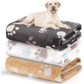 Dog Blanket, Dog Blankets for Large Dogs, 3 Pack Dog Cat Flannel Blankets Washable, Soft Pet Mat Throw Cover for Kennel Crate Bed, Cute Paw Pattern, Pet Blanket,Grey/White/Brown 41" x 31"