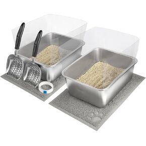 2 Sets Stainless Steel Litter Box, Metal Litter Box 17.7"x13.8"x5.9", Cat Litter Box with Plastic Shield High Sides, Cat Litter Scoops, Cat Litter Mats for Multiple Cats, Sturdy and Easy to Clean