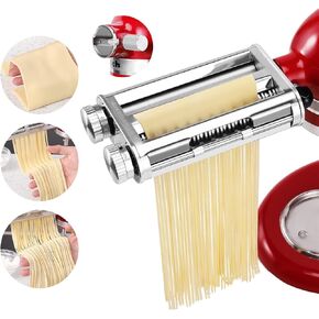 Pasta Maker Attachment 3 in 1 Set Compatible for KitchenAid Mixers Plus Hub Knob Screw Accessory Included Pasta Sheet Roller, Spaghetti Cutter, Fettuccine Cutter and Cleaning Brush