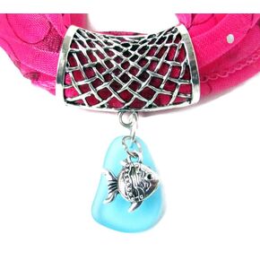 Sea Glass and Fish Charm Scarf Ring, Scarf Pendant, Scarf Slide, Scarf Jewelry, Accessories for Scarves