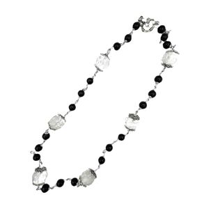 Natural Black Onyx and Clear Quartz Gemstone Round Beaded Link Necklace