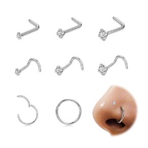 Hoop Nose Rings And Nose Studs For Women Men Corkscrew Bone L Shaped Nose Studs Hypoallergenic Cubic Zirconia Surgical Steel Nose Piercings Jewelry Small Silver/Gold Nose Rings 1.5/2/3mm 8 Pcs