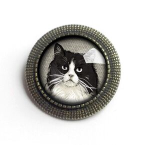 Fat Black And White Cat Reverse Decoupage Glass And Brass Brooch