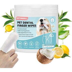 Dog Teeth Cleaning Wipes - Dog Dental Wipes Cat Tooth Brushing Kit Finger Toothbrush Care Pet Wipes Reduces Plaque & Freshens Breath 50 Counts