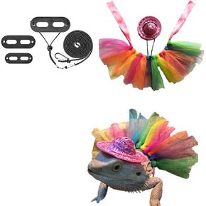 Bearded Dragon Lizard Leash Harness Adjustable(S,M,L, 3 Pack) Bearded Dragon Costume and Hat Lizard Layered Rainbow Tutu Skirt Hat Set for Amphibians and Other Small Pet Animals (Green Set)
