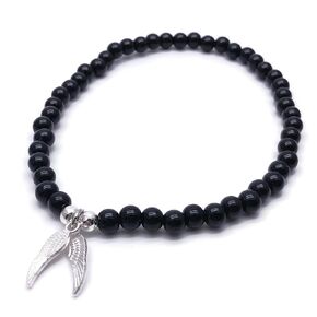 Angel Wings Charm Anklet with 6mm Black Acrylic Beads on Elastic - Size M 10 inches