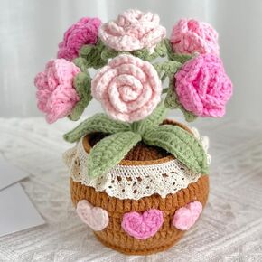 Handmade Crochet Rose Bouquet Potted Plants, Knitted Artificial Forever Flowers With Exquisite Pot,Gift to Friends Women Kids,Perfect for Home Decorations, Office Desk (Gradient Pink)