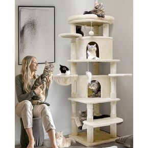 C66 Large Cat Tower, Curved Series Corner Cat Trees and Towers for Large Indoor Cats with Big Cat Condos, 6 Scratching Posts, Hammock, Beige