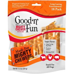 Good 'n' Fun Triple Flavor Mighty Chewer Sticks, 18 Count, Rawhide Chews for All Dogs