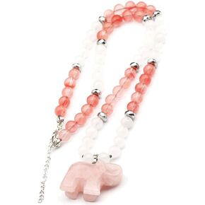 ElisaJewelryArt - Elephant Rose Quartz Pendant Natural Rose Quartz And Selenite Beaded Necklace Genuine Gemstone Healing Stone Clasp Closure Hematite Necklace Unisex Necklace (22, Rose Quartz)