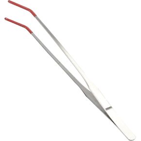 Reptile Feeding Tongs, Stainless Steel Lizard Feeding Tongs, Aquarium Curved Feeding Tweezers for Reptiles with Rubber Tip, Terrarium Feeding Tongs 14.96" L, Black Silver Tone