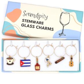 Puerto Rico Wine Charms, Boricuas Gift, Set of 6 Include: Guitar, Coqui Frog, Puerto Rico Flag, Rum, Palm Tree and Coffe, Christmas Gift Idea for Puerto Rico Admirers