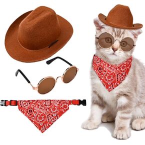 Pet Dog Cat Cowboy Costume Accessories Set,Cowgirl Cat Hat,Adjustable Bandanna Collar and Sunglasses,Cats and Small Dogs Halloween Christmas Costume and Western Themed Dress Up Party(Pink Cowgirl)