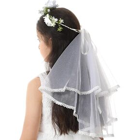 Flower Girl Headband Veil: White Floral Garland Crown Hair Wreath Festival Wedding First Communion Headpiece with Veil for Girls