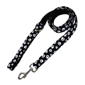 Triple Handle Dog Leash - 3 Handles at 12, 20, and 72 Inches - 6 Foot Lead - Walking - Training - Traffic - Designer Pawprints on Black - Original Stay-Flat Design - Handmade by Green Acorn Kitchen