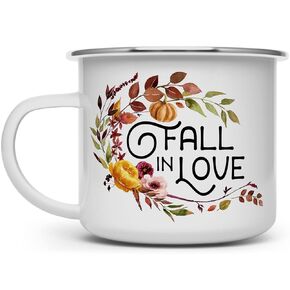 Fall in Love Autumn Coffee Camp Mug, Fall Lover Enamel Outdoor Camping Mug, Thanksgiving Pumpkin Spice Sweater Weather Cup (12oz)