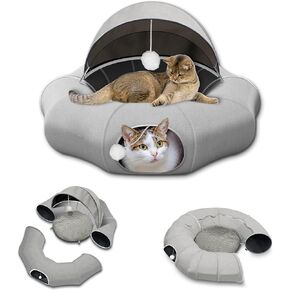 Large Cat Tunnel Bed, Cat Tent with Ball Toy, Cat Tunnel with Washable Central Mat, Detachable Straight Tunnel, Multifunctional Cat Toys for Indoor Cats (Cat Tunnel)