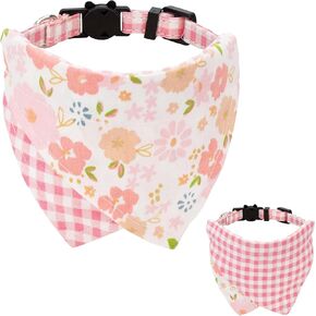Cat Collar with Bandana Detachable Tie Scarf Two-sided Floral Flower Plaid Bell Safety 7-11in Blue