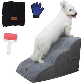 Dog Stairs for Small Dogs with Extra Non-Slip Cover, Lint Roller & Grooming Glove - Sturdy 3-Step Stairs for Dogs to Get on Bed, High Density Dog Ramp for Couch, Sofa and Chair, Indoor Puppy Stairs
