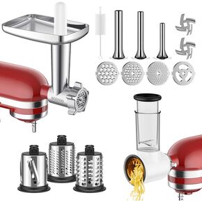 Meat Grinder&Slicer Shredder Attachments for KitchenAid Stand Mixer, Metal Meat Grinder with Sausage Stuffer Tubes and Cheese Slicer, For KitchenAid Mixer Accessories by HOZODO