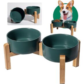 Elevated Ceramic Dog Bowl Set - Raised Dog Bowls with Non-Slip Bamboo Stand - Dog Food and Water Bowl Set - Double Dog Feeding Bowls - Suitable for Small and Medium Dogs - 28.74 OZ - 3.6 CUPS - 850 ML