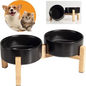 Elevated Ceramic Dog Bowl Set - Raised Dog Bowls with Non-Slip Bamboo Stand - Dog Food and Water Bowl Set - Double Dog Feeding Bowls - Suitable for Small and Medium Dogs - 28.74 OZ - 3.6 CUPS - 850 ML