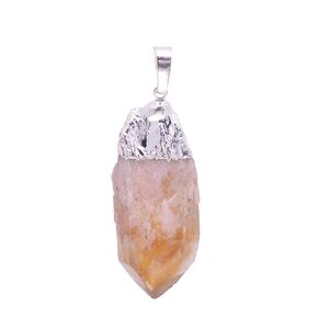 Natural Citrine Crystal Point Rough Stone Charms for Jewelry Making White Gold Tone, 1PC Pack