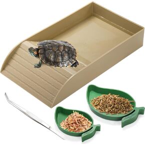 Hacaroa 4 Pcs Tortoise Water Dish with Ramp and Basking Platform, Mango Reptile Food Dish Turtle Water Bowl, Reptile Bathing Pool Amphibians Habitat Accessories for Lizard, Box Turtle, Horned Frog