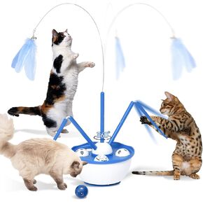 Automatic Cat Toy Interactive Cat Enrichment Toys for Indoor Cats Kitten Toys with Cat Feather Butterfly Ribbon Wand Toy Cat Catnip Ball Bell Balls Silicone Tail USB Rechargeable (Blue)