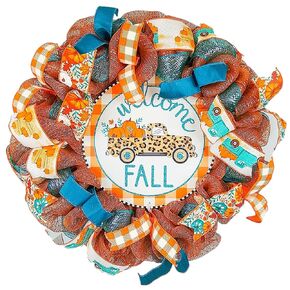 Welcome Fall Wreath - Farm Truck Thanksgiving Front Door Decor - Brown Orange Burlap Turquoise