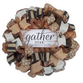 Gather Here Fall Door Wreaths | Thanksgiving Deco Mesh Wreath | Black Jute Burlap Brown