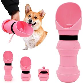 Dog Foldable Water Bottle with Folding Bowl (Blue Globe), Pink