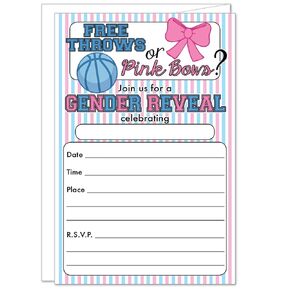 20 Free Throws or Pink Bows Basketball Gender Reveal Party Invitations with Envelopes