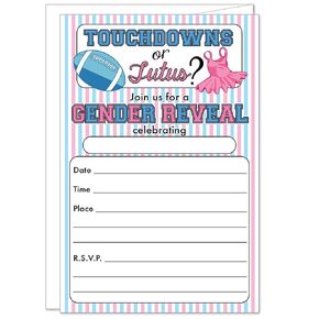 20 Touchdowns or Tutus Football Gender Reveal Party Invitations with Envelopes