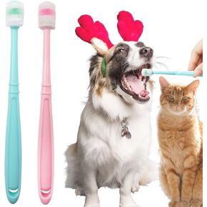 2 Pieces Cat Toothbrush, Small Dog Toothbrush 360-Degree Dog Toothbrush Small with Independent Transparent Packaging Box and PP Handle Silicone Dog Toothbrush for Small Dogs (Green and Pink)