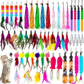 50 Pcs Cat Feather Toys Refill Cat Wand Replacement Feathers Replacement Refills with Bells Cat Toy Feather Refills Cat Wand Attachments Feathers Interactive Cat Toys for Cat Toys