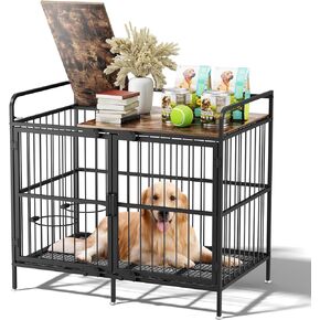 Large Dog Crate Furniture, 38 inch Wooden Dog Kennel with Top-Feeding Door Heavy Duty Furniture-Style Dog Cage 2 Bowls Rack End Table for Large Medium Small Dogs, Rustic Brown