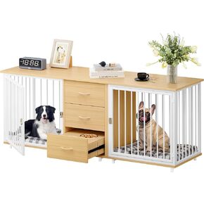 YITAHOME 74" Double Dog Crate Furniture with 2 Feeder Bowls, Wooden Dog Kennel TV Stand with Room Divider for 2 Large Medium Small Dogs, Rustic Brown
