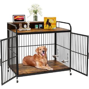 Small Dog Crate Furniture, Wooden Dog Kennel Indoor with Adjustable Height Feeder, Heavy Duty Dog Crate with 360° Wheels for Easy Mobility, Sturdy Metal, 32" L x 20.5" W x 21.5" H, Rustic Brown