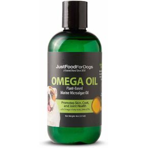 JustFoodForDogs Omega Plus Oil Omega-3 Supplement for Dogs, Skin & Coat Support, Joint Health, EPA & DHA from Algae Oil, Sustainable & Eco-Friendly - 8 oz