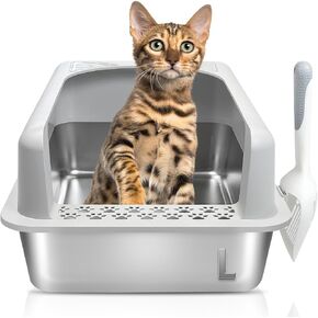 Stainless Steel Cat Litter Box with Lid, Litter Box Enclosure for Big & Multiple Cats, XL Extra Large Metal Litter Box with 12" High Wall, Including Scoop, Odorless, Anti-Leakage, Non-Sticky