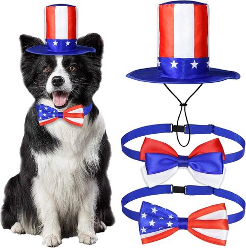 3 PCS Dog 4th of July Outfit, 4th of July Dog Clothes Uncle Sam Dog Top Hat, American Flag Dog Bow Tie Collar Red White and Blue Dog Bowtie for Small Medium Large Dogs (Dog Hat & 2xBow Tie) in Saudi Arabia