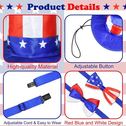 3 PCS Dog 4th of July Outfit, 4th of July Dog Clothes Uncle Sam Dog Top Hat, American Flag Dog Bow Tie Collar Red White and Blue Dog Bowtie for Small Medium Large Dogs (Dog Hat & 2xBow Tie) in Saudi Arabia